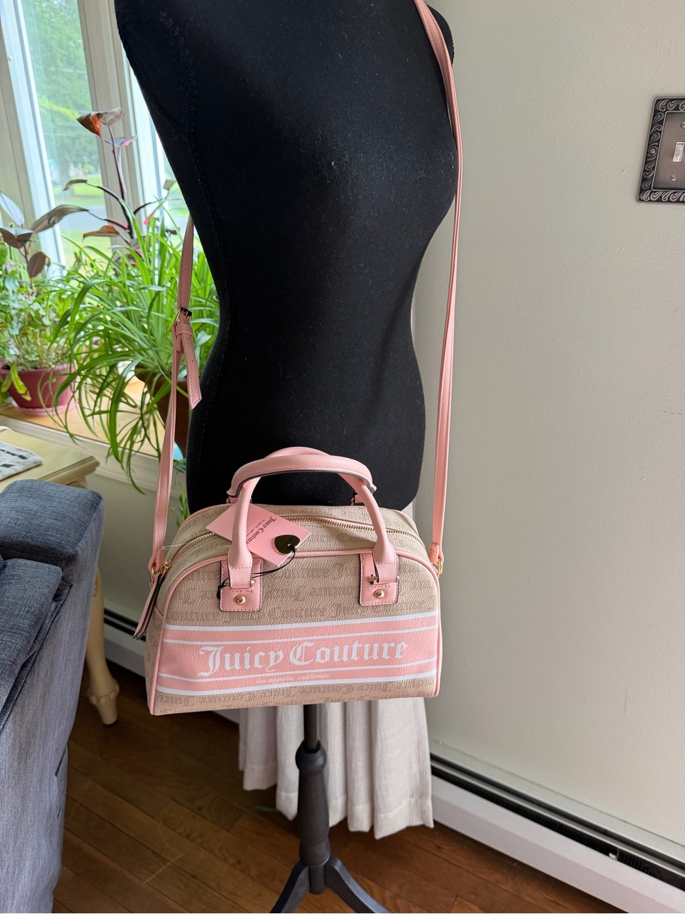 Juicy Couture Pink & Beige Logo Barrel Crossbody Satchel